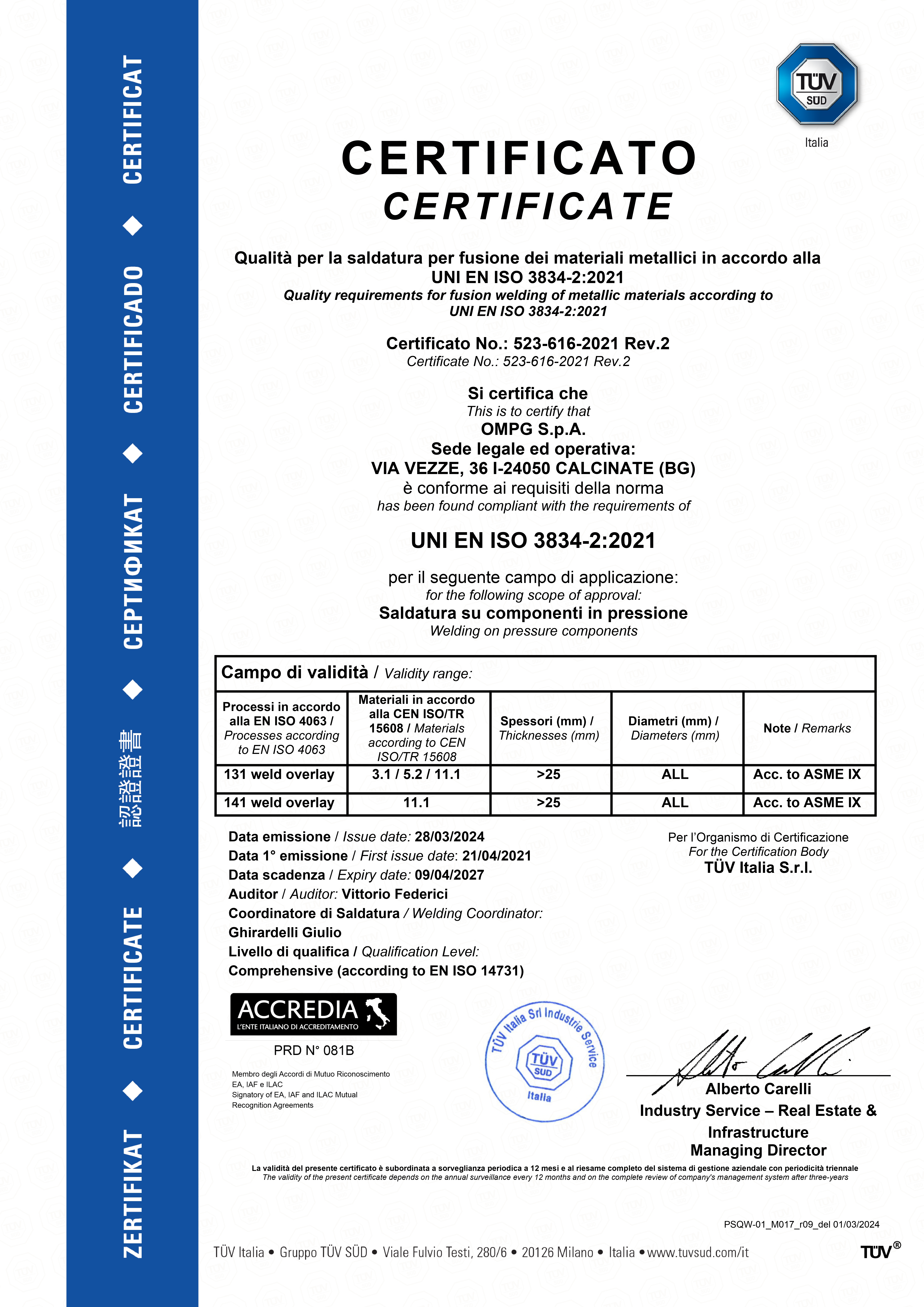 Certificato ISO 3834-2