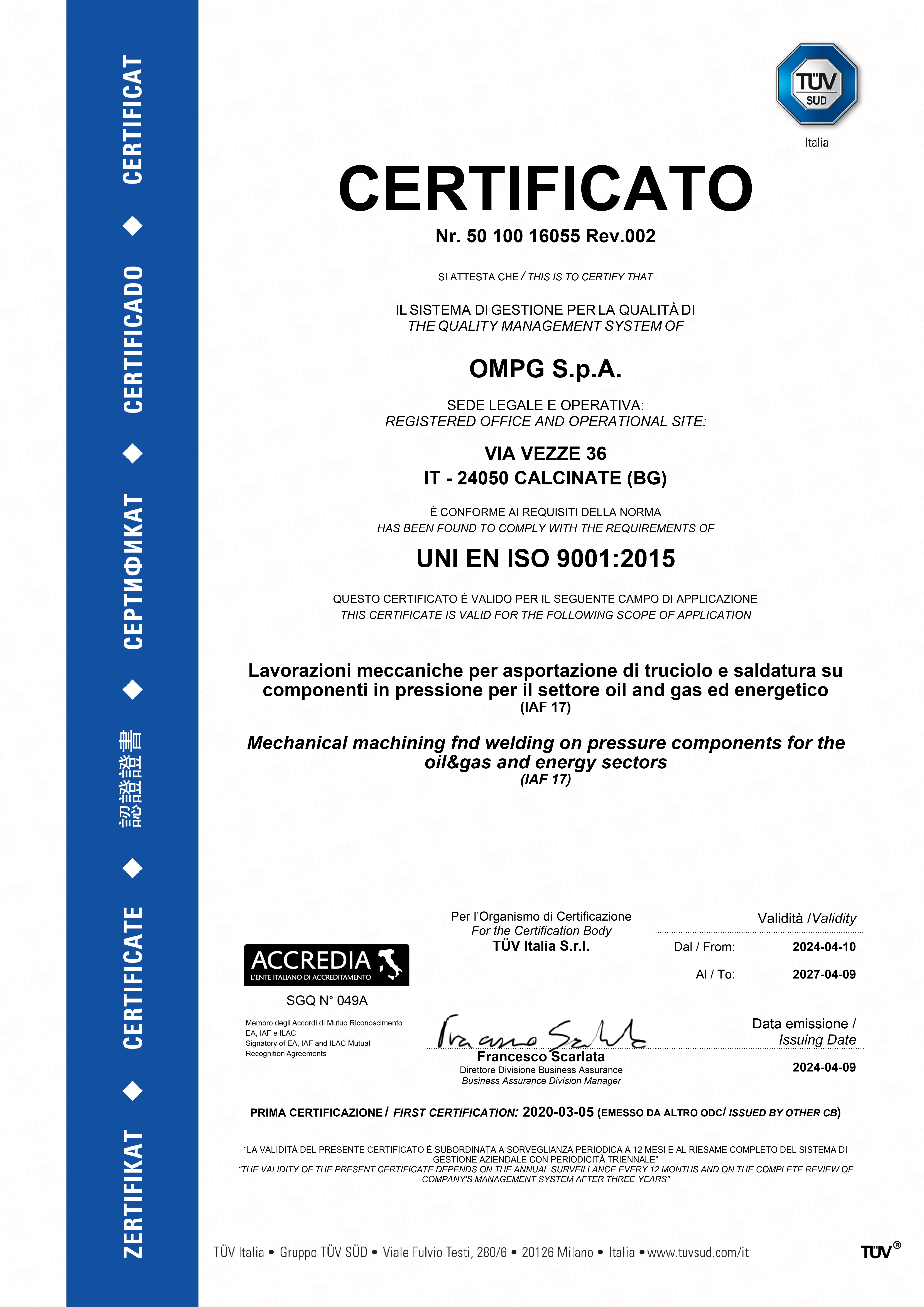 Certificato ISO 9001 2015